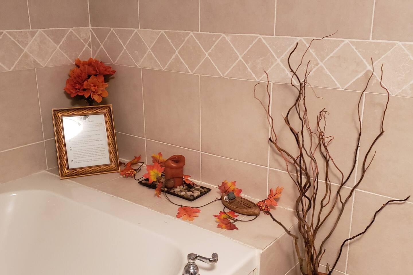All decked out for fall. LED candles around tub not pictured 