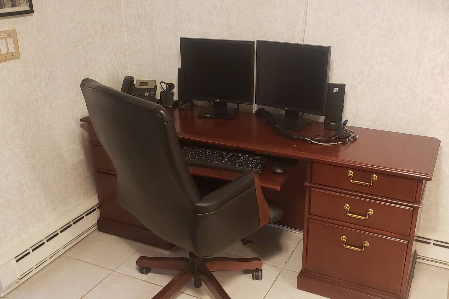 We now have a dedicated workstation set up in Master Bedrm complete with ergonomic chair, dual monitors, keyboard, mouse, cisco business phone,  Bluetooth headset, speakers, laptop hookups, and it's linked to the printer! 