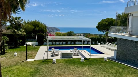 Lovely view from the pool area. 9x4 pool and 1011m2 garden with palm trees and natural grass