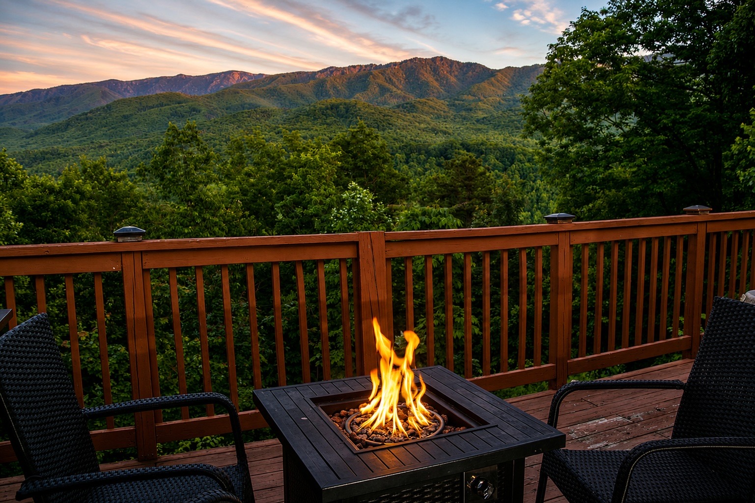 Cozy fire with mountain views