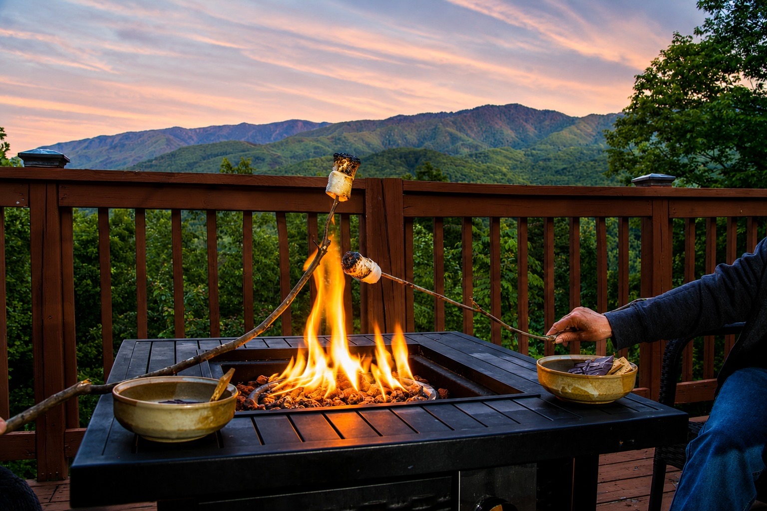 S'mores by the fire with sunset mountain view