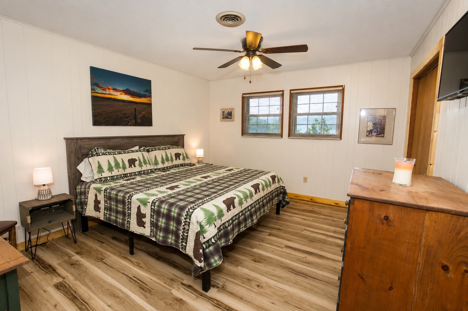 Cozy king bedroom with rustic charm