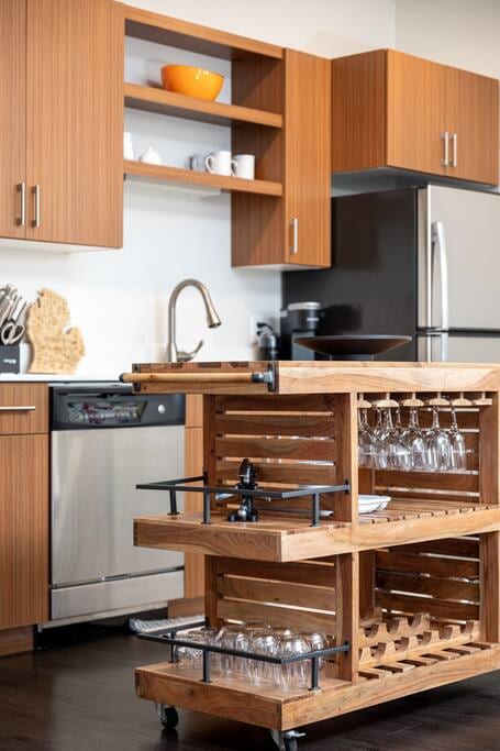 All of the barware you'll need including wine glasses, champagne flutes, martini glasses, shot glasses, and wine opener just to name a few. Cheers!!!
