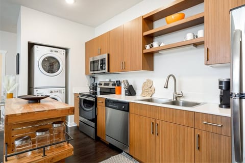 Our kitchen is fully equipped with many items your will need for your stay. A washer and dryer is conveniently located in unit.
