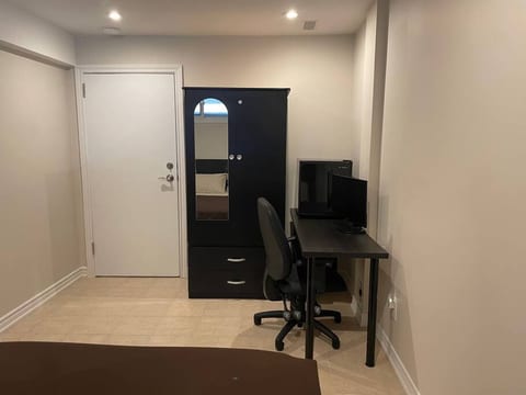 Lock on bedroom door, closet, mini fridge and workspace