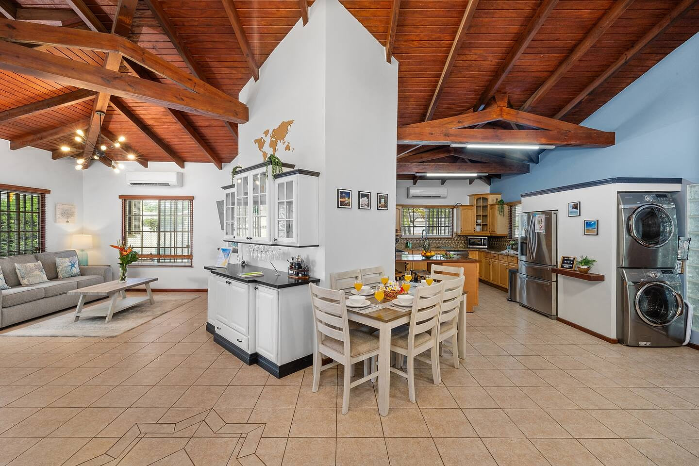 This spacious, open-concept layout is perfect for family gatherings or group trips!  This dining area comfortably seats six, plus 4 more at the kitchen island.  The fully equipped chef’s kitchen offers everything you need for cooking.  Walk 2 Eagle Beach, Bars, Food, Casino! CasAmigos