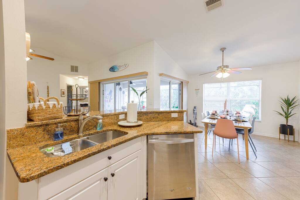 Kitchen is stocked with the usuals, as well as, a dual function coffee maker, air fryer, crock pot, waffle maker and more.