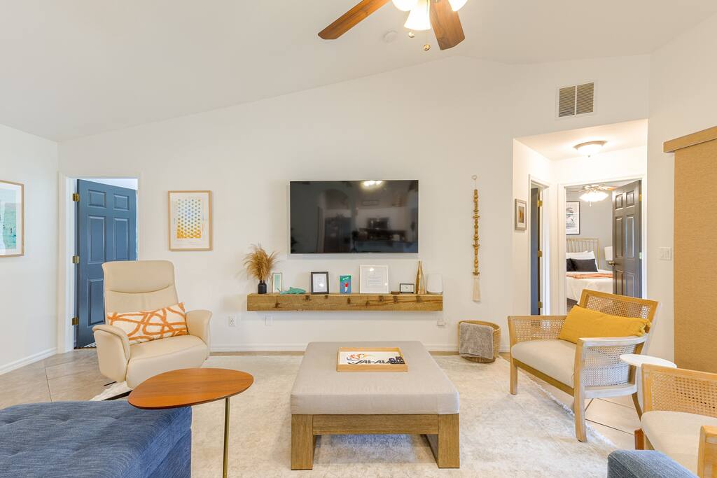 All smart TV's in the home are equipped with ROKU for your streaming pleasure.  Please note your personal log-ins to view your favorite streaming channels.