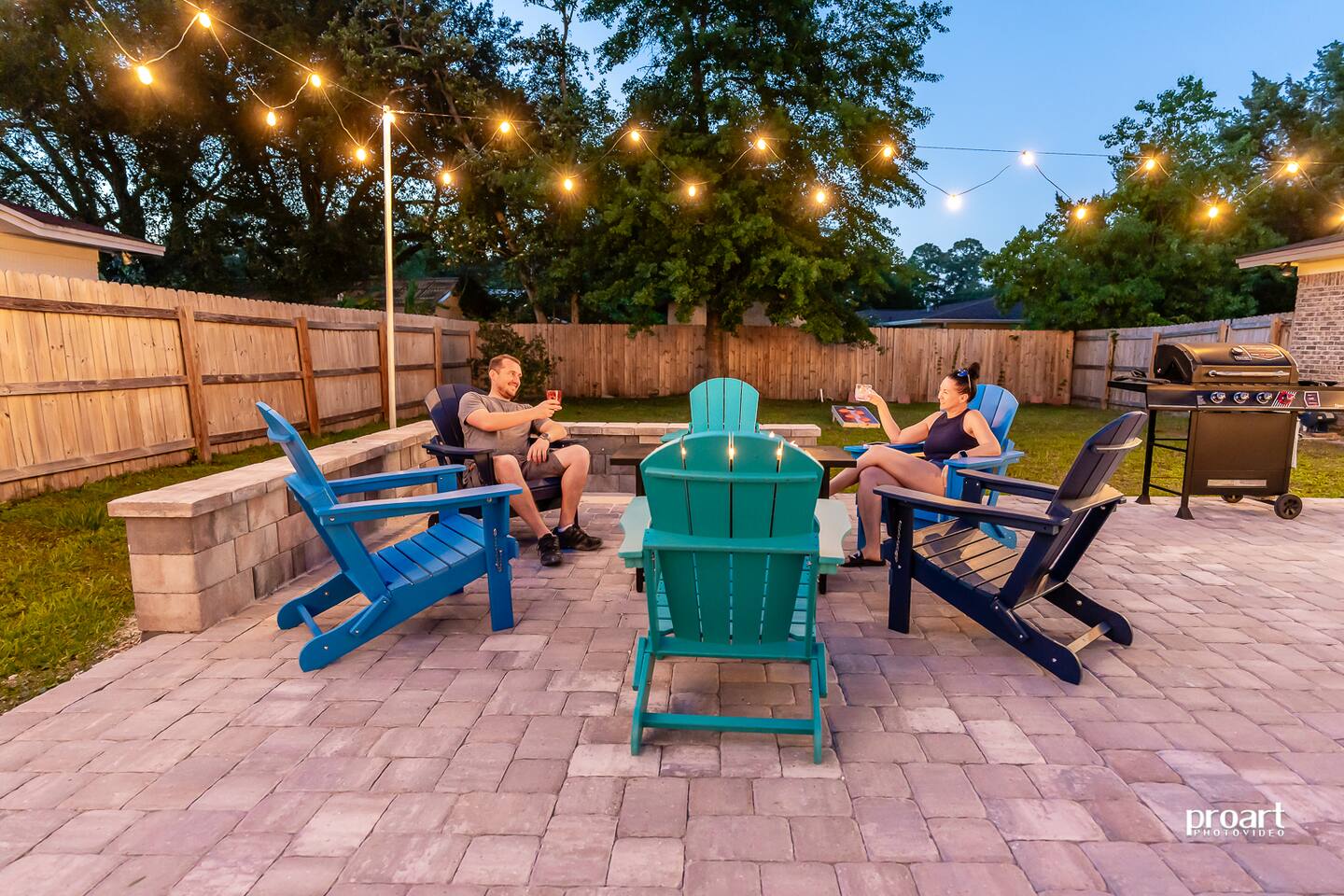 A great place to wrap up a day in the pool or a day at the beach. Festival lights and a castle mount wall define our propane fire pit area.  Folding Adirondack chairs for (8).  Stars and sunsets are free of charge.
