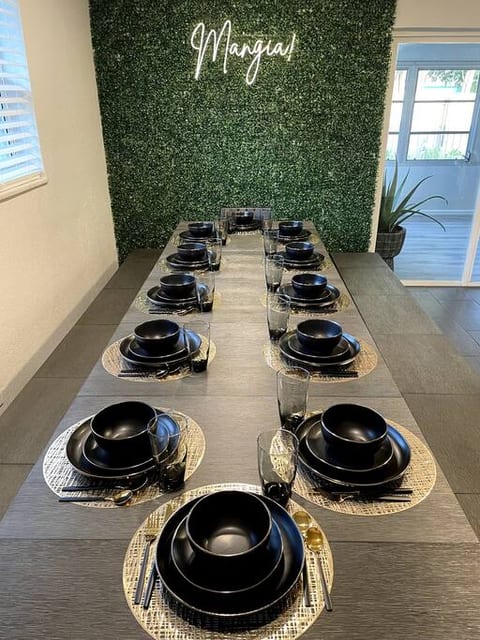 Our dining room table expands to fit 12 comfortably spaced out with the two long side benches. What's for dinner?
