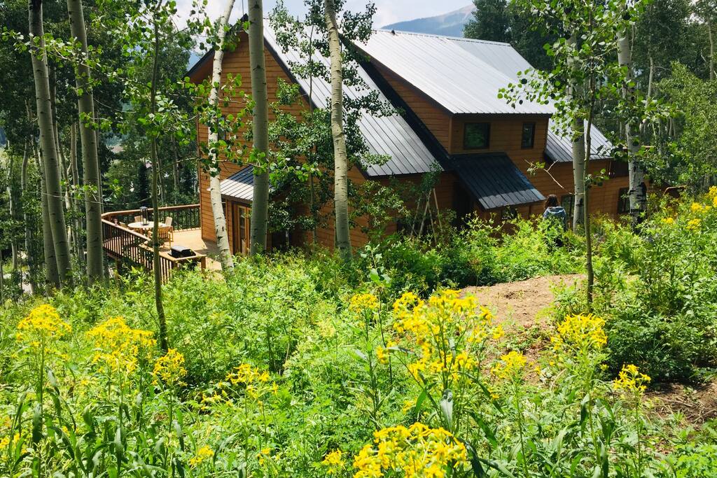 Rear of property (hike up to meet Snodgrass Trail).  Note deck- available/accessible to guests during summer months. - NEW- Mountain Modern w/EV Charger-Views of Mt CB - Crested Butte