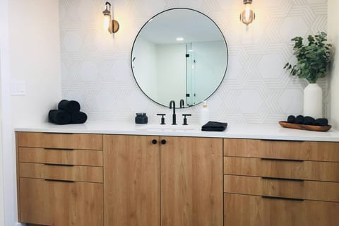 Designer bathroom with plenty of storage space