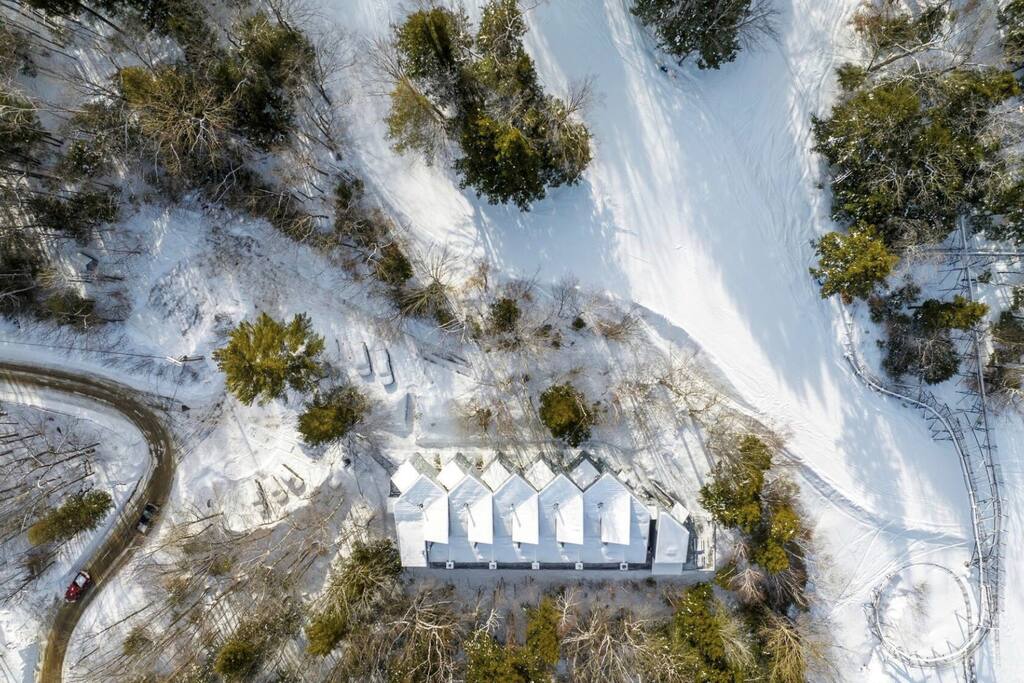 Lift Haus on a snow day, with the road to the left, and trail to the right. - Lift Haus | Stunning New 1br + Loft | Trailside - Bartlett