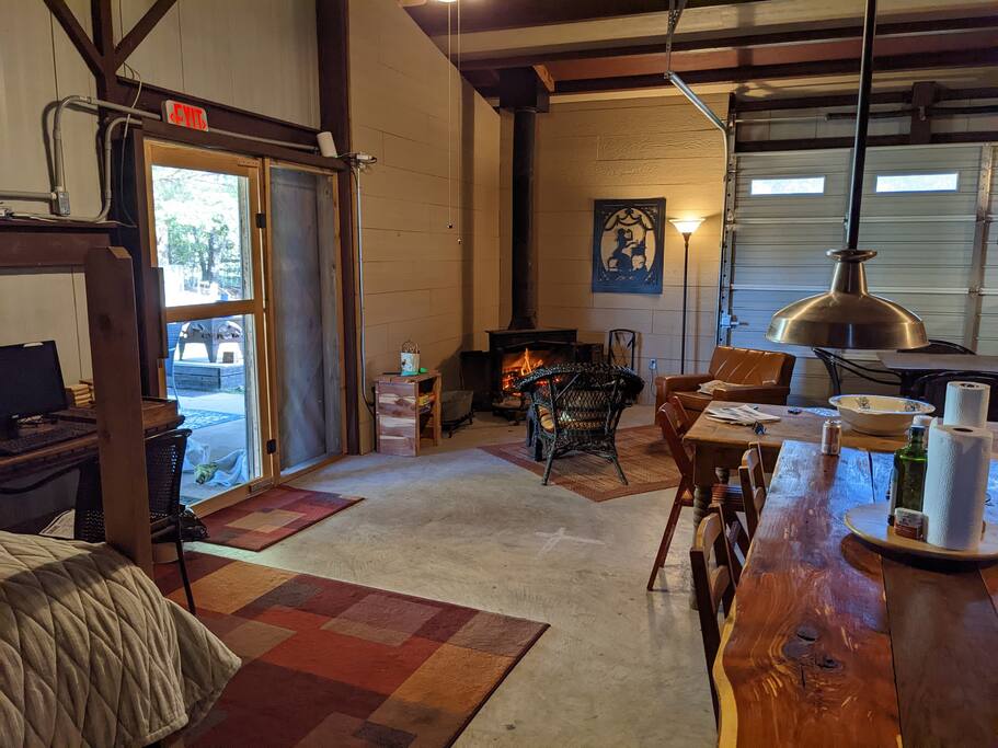 Inside the Mess Hall. Antique stove fireplace keeps it warm