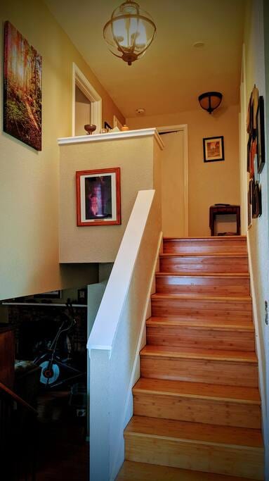 Your room is up the stairs on the right.