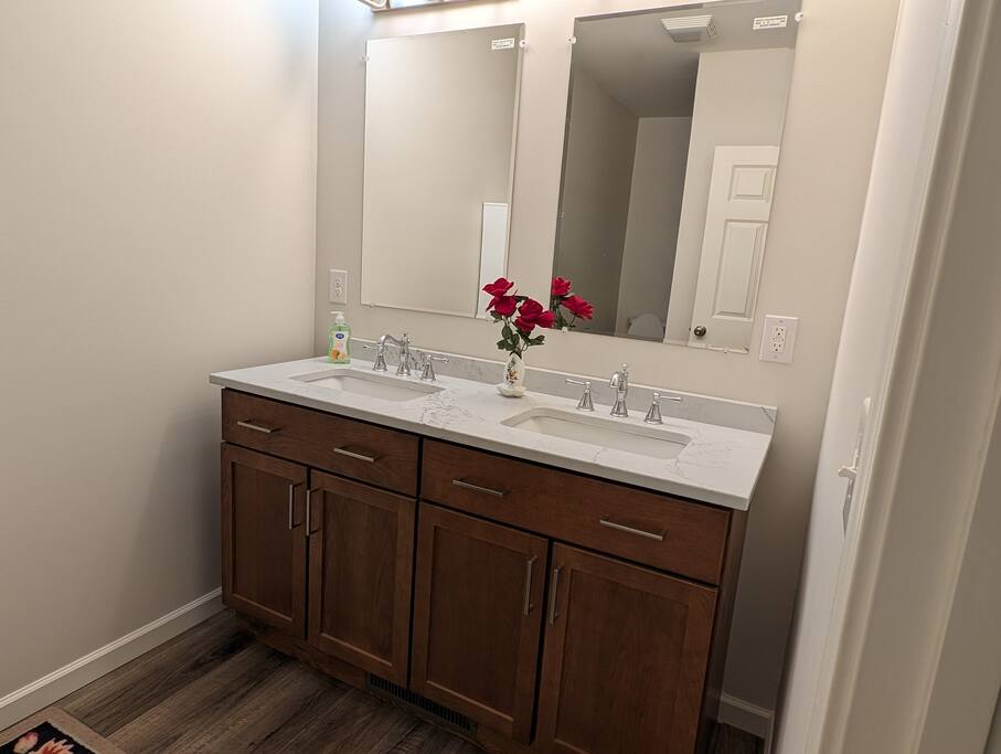 His and Her Sink with hair dryer and an extra shower mat for protection (if needed) - Elite Retreat - Ellicottville