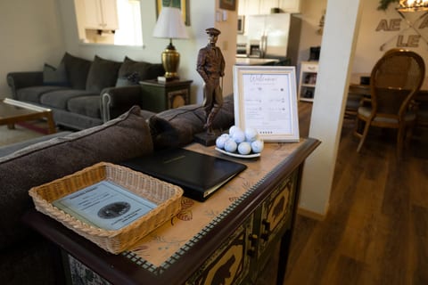 Warm open-concept living space with guest-ready welcome touches