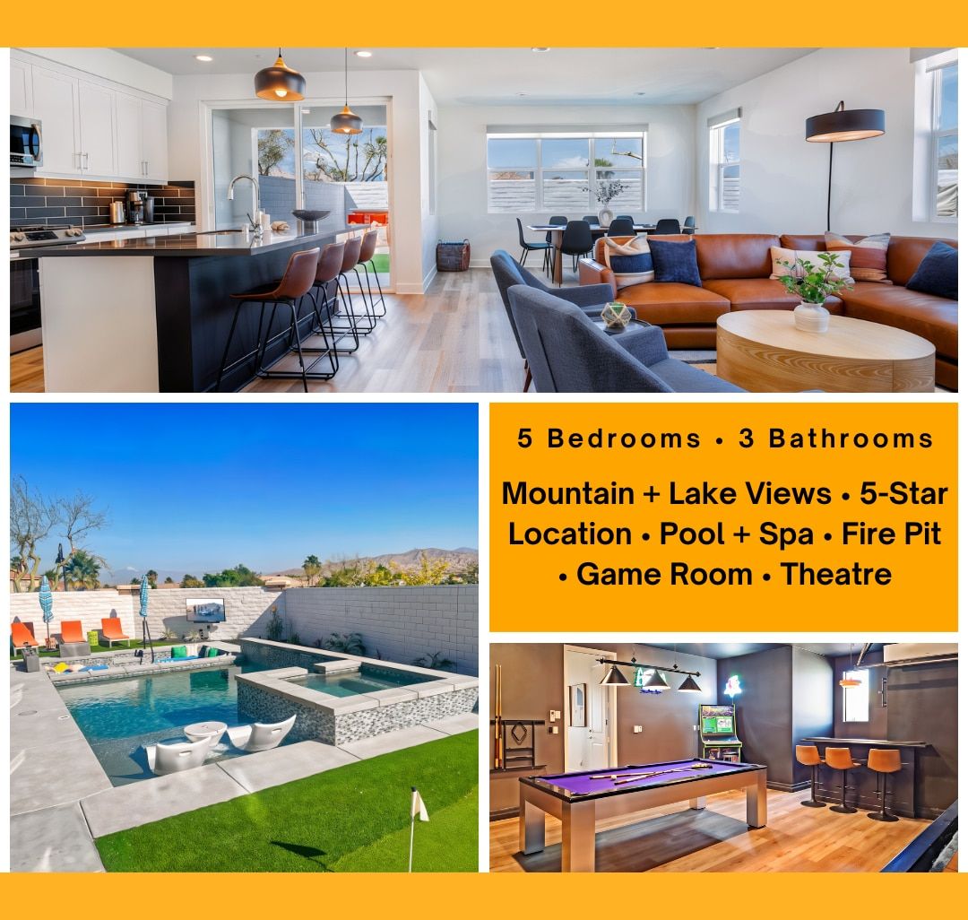 This house features a modern 5-bedroom, 3-bathroom home with mountain and lake views. It offers a sleek kitchen, cozy living room, resort-style pool with spa and fire pit, and a game room with fun for everyone. Perfect for a 5-star getaway.