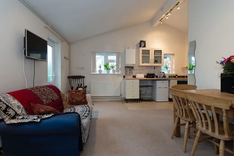 View of the studio  from the bed (the tv can swivel round to face the bed)
