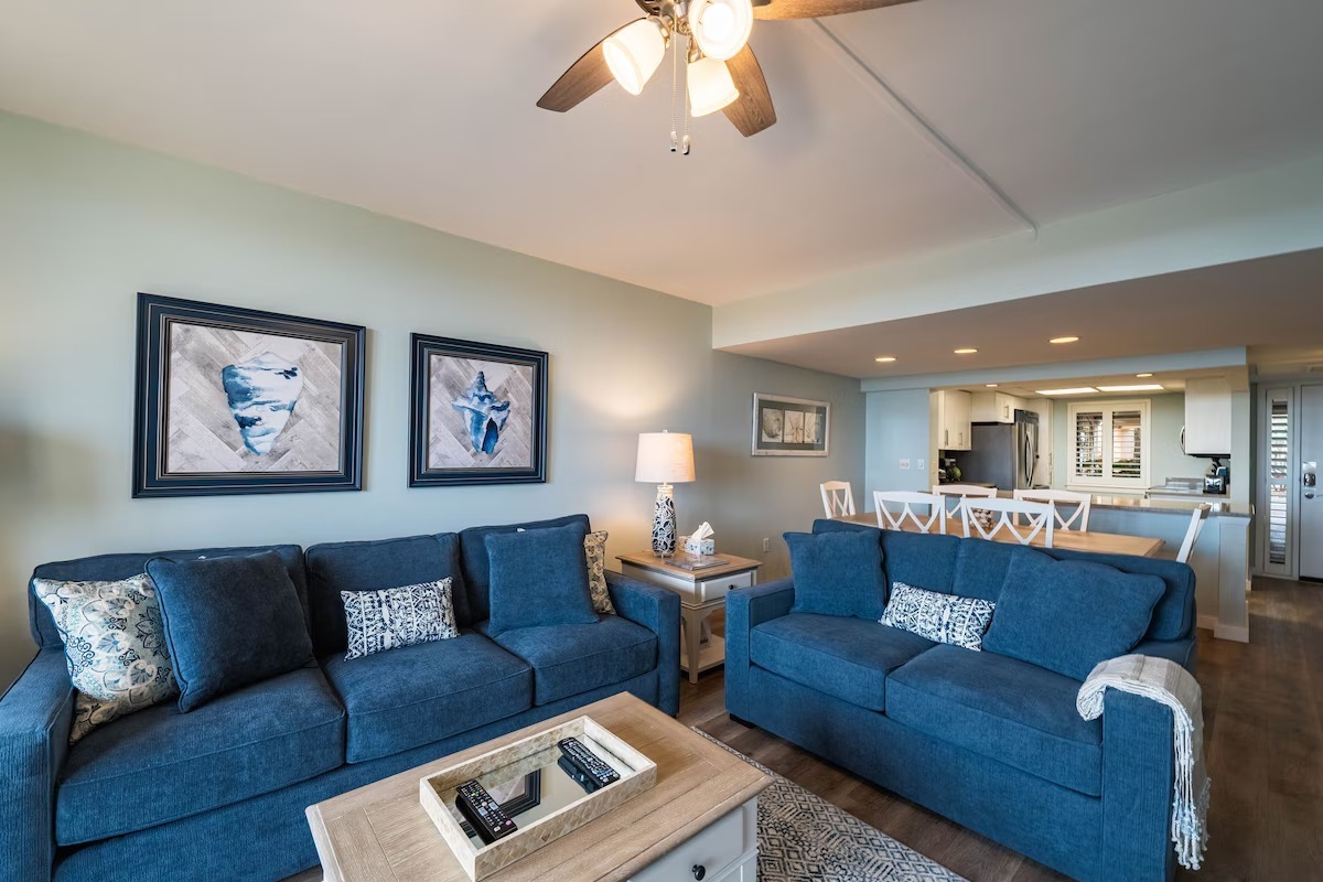 Open concept living space. Updated comfortable furniture and dining for 6