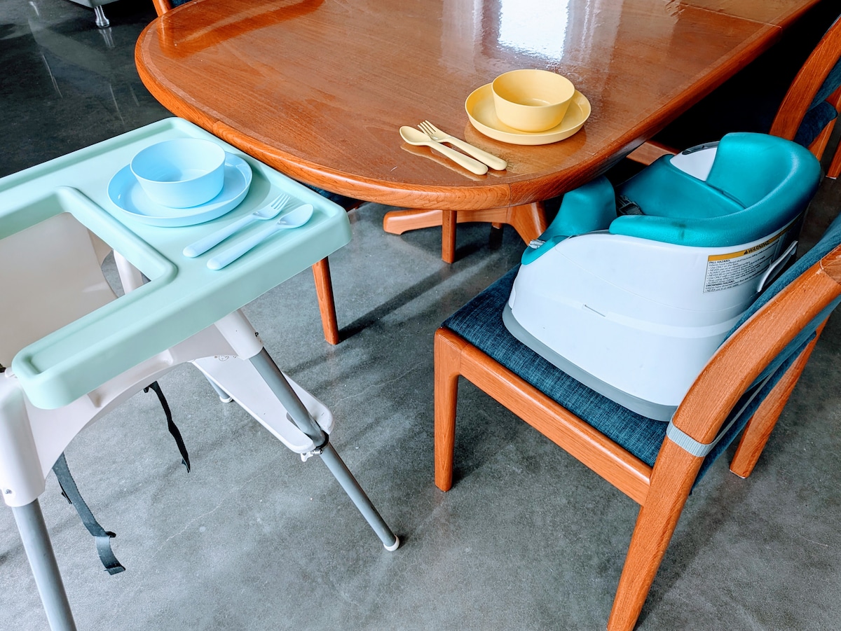 Children's dining options: high chair and toddler seat.