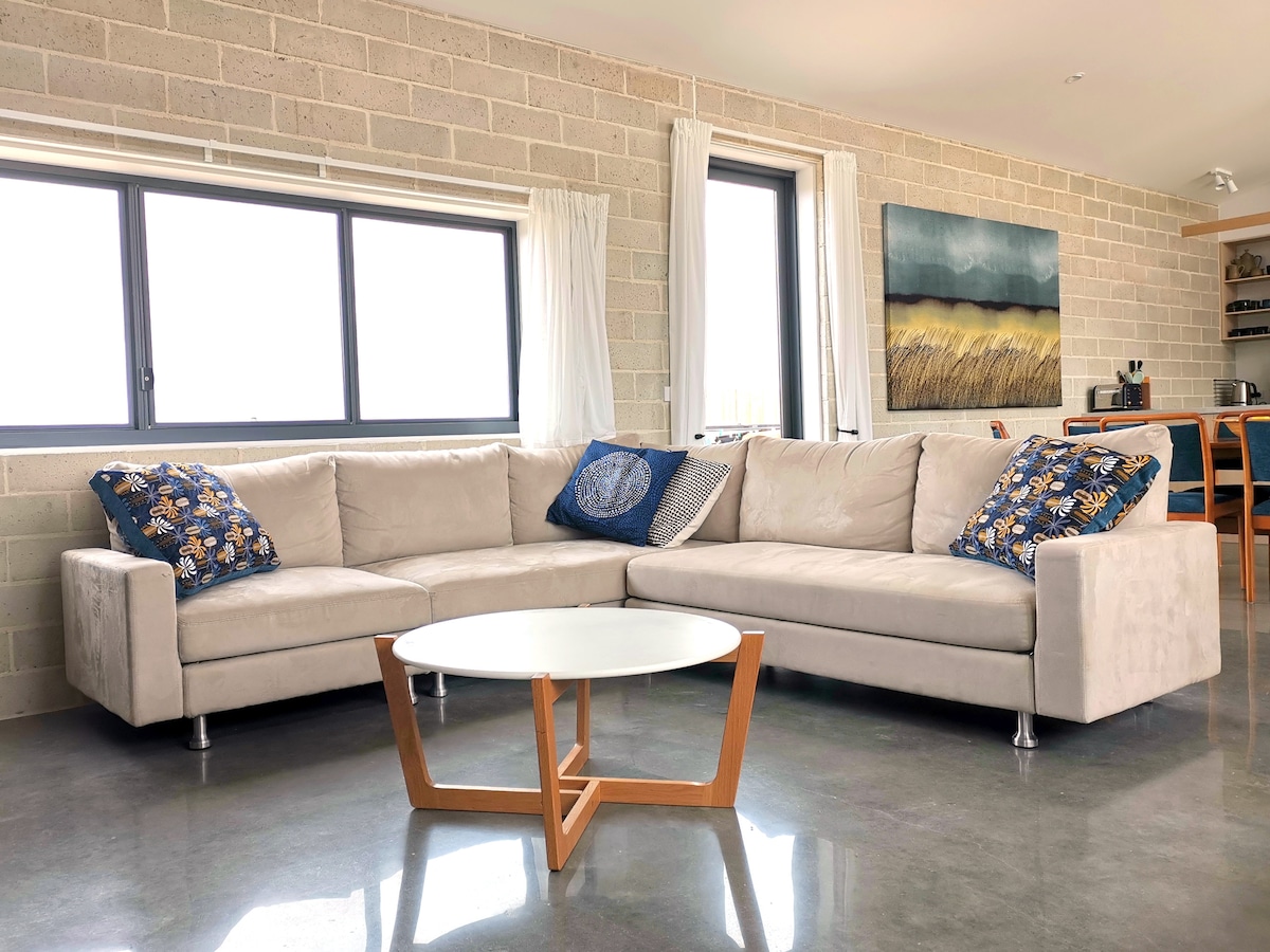 Living room view, facing South.