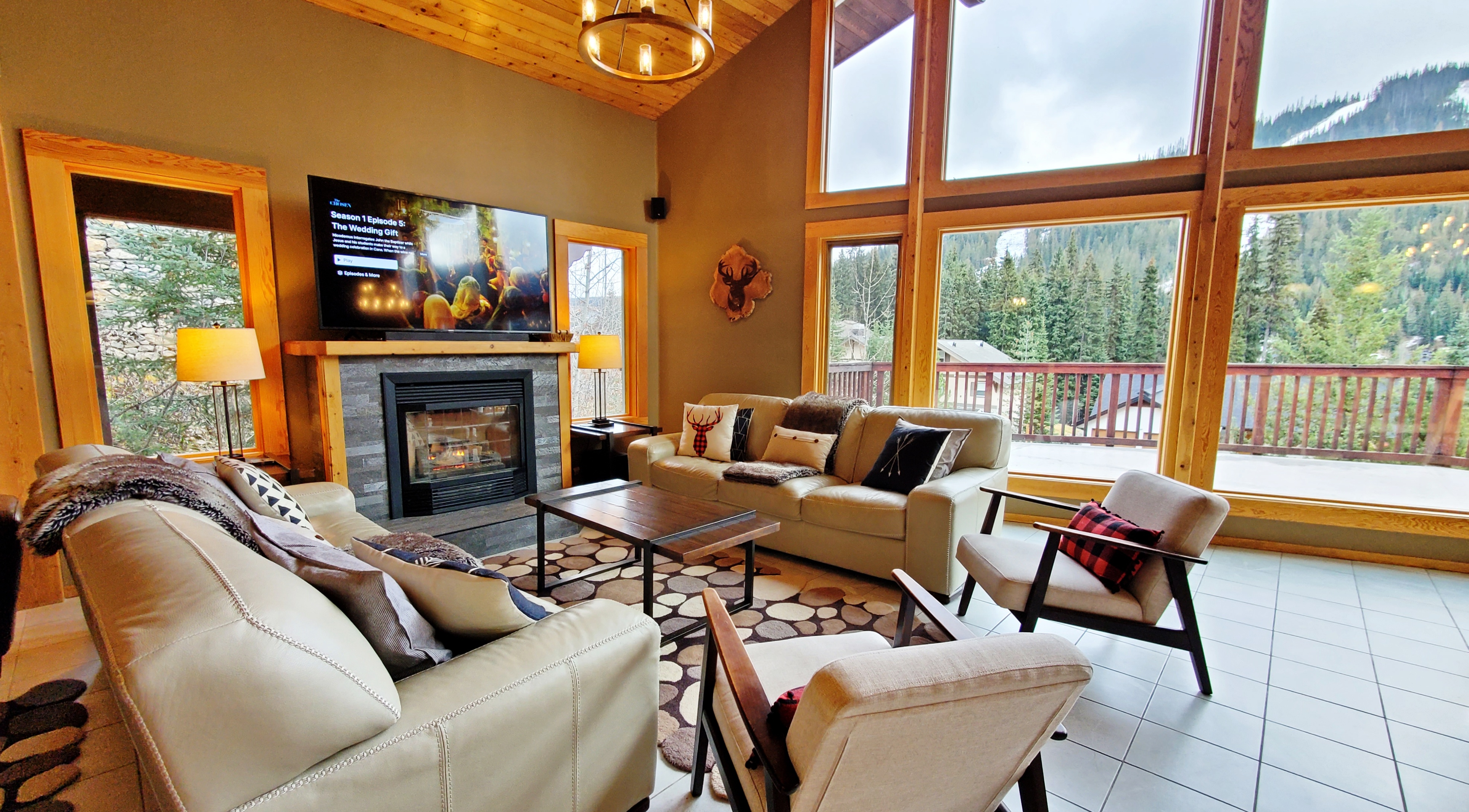 Spacious living room has a panoramic view