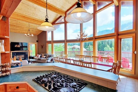 The kitchen overlooks living areas.