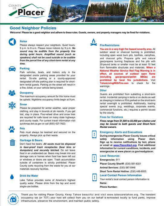 Good Neighbor Policies by County. We abide by these rules 100% and violation of the rules will result in eviction by county. 

#Modern Tahoe Cabin: HotTub, PingPong, AC, EV charging. Highlights: Skiing, Amazing views,, games, family friendly. - Modern Cabin: A/C, Hot Tub, PingPong, EVcharger - Truckee