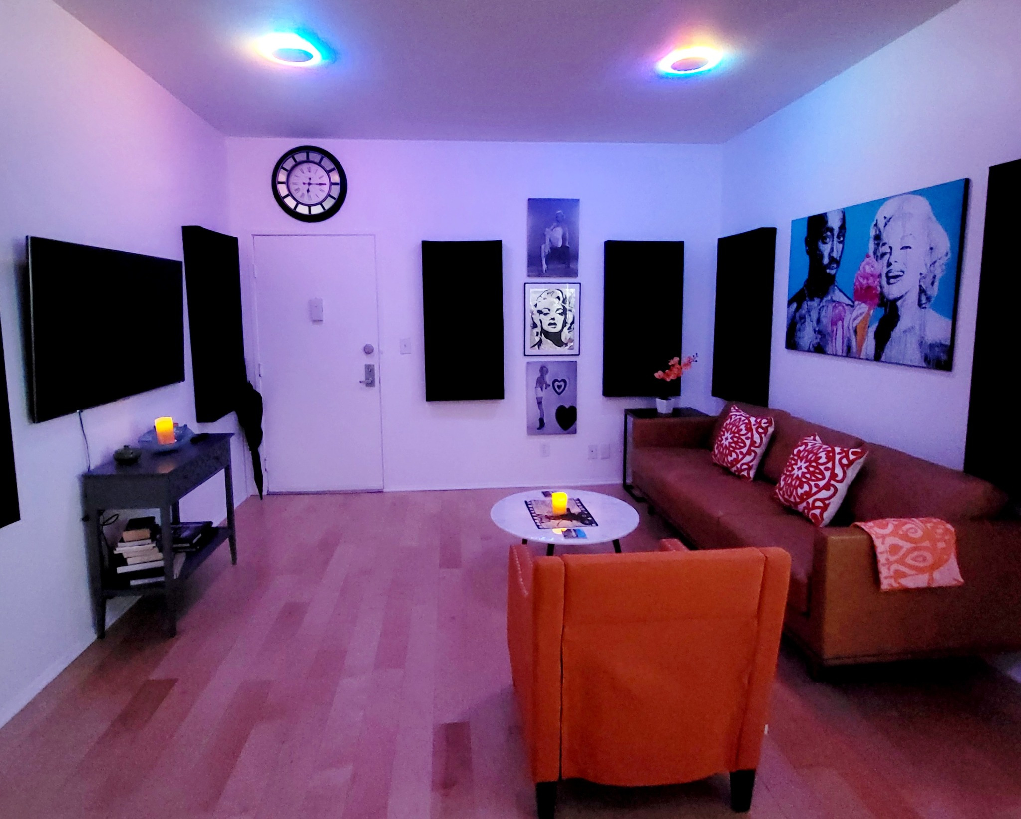 living room w/ color changing lights