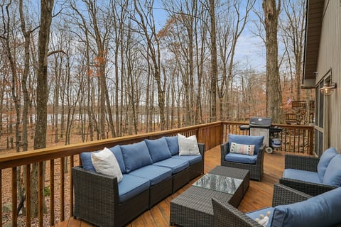Large deck with seating for the whole family. Perfect views once the leaves fall.