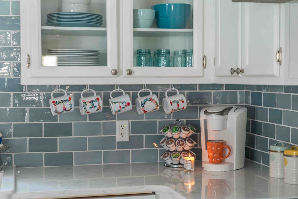 Start the morning with a cup of coffee via drip, Keurig or French press!