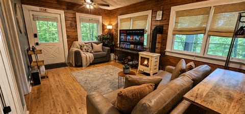 Cozy woodsy living room with fireplace, big TV, and forest-view windows