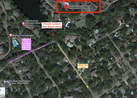 Overhead view of the property. This shows where the back gate is in relation to Coligny and the beach.