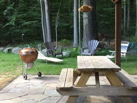 Charcoal grill and picnic table