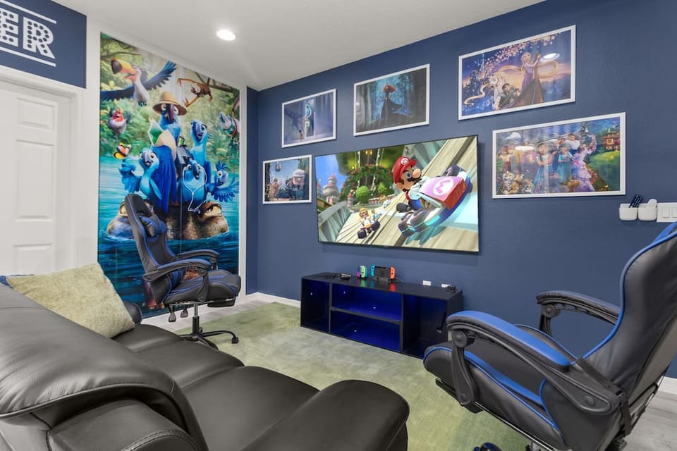 Game Room with WII Switch Gaming Station, Arcade Video Game, Foosball and Gaming Table