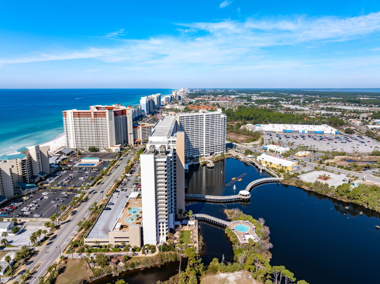 Panoramic Gulf Coast skyline showcasing Laketown Wharf’s prime beachfront location and easy access to PCB’s famous shoreline.