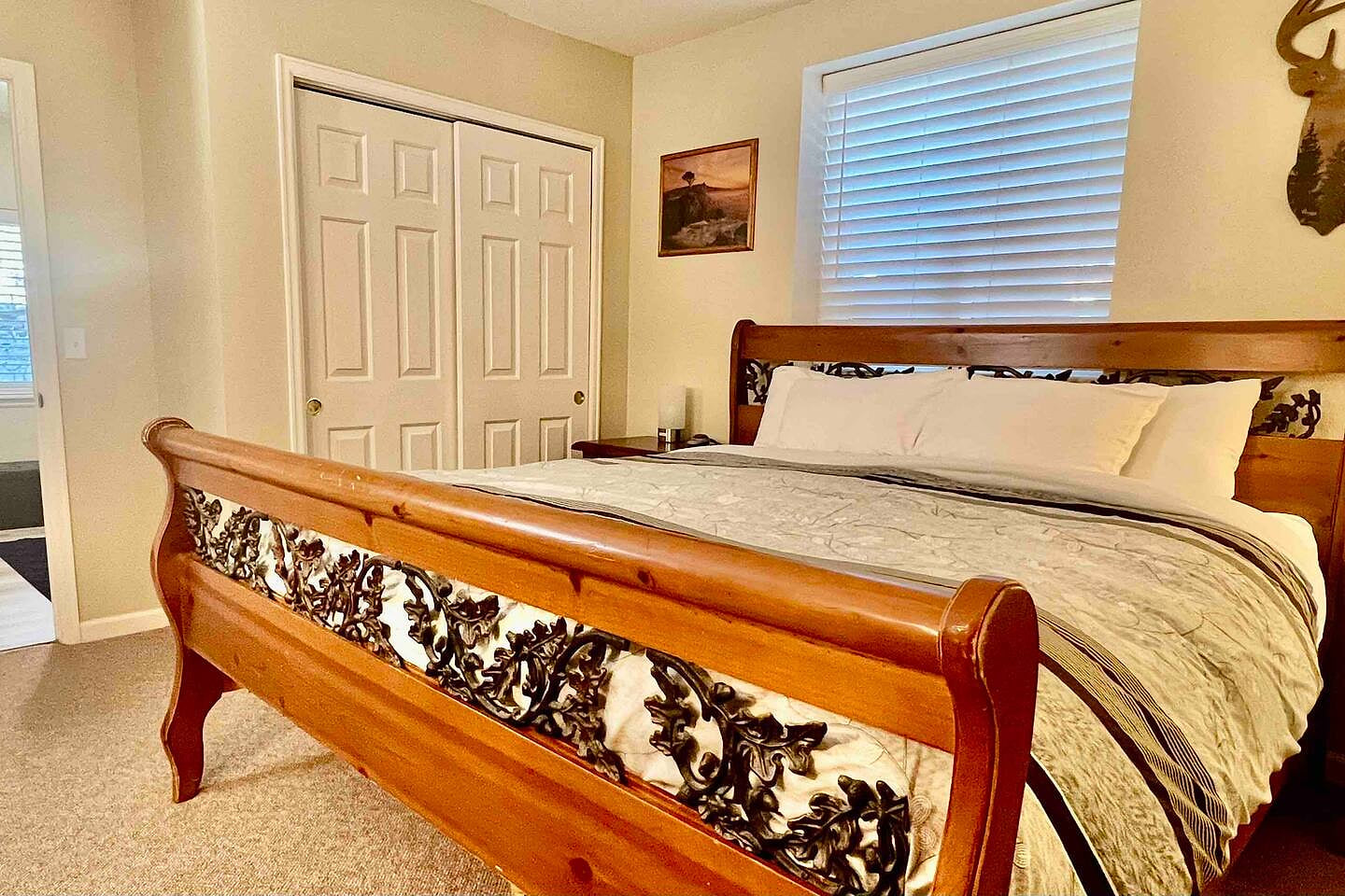 Spacious King bed with a pillow top mattress and heated mattress pad, ensure a great night's sleep.