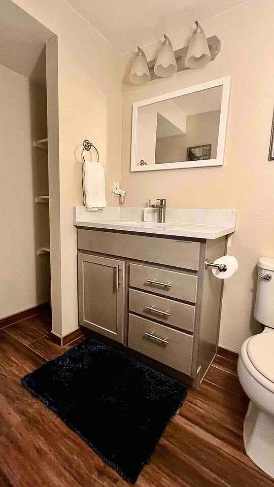 3/4 bathroom is access thru the bedroom. The thermostat is controlled upstairs, but in the bathroom, there is a heater and a fan to keep you comfortable. You'll also find a white noise machine.