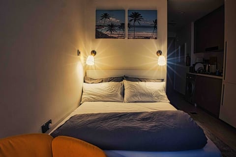 Sleep like royalty under the soft glow of our wall hanging lamps, surrounded by the calm serenity of palm tree photos. Your oasis awaits in this luxurious queen bed.