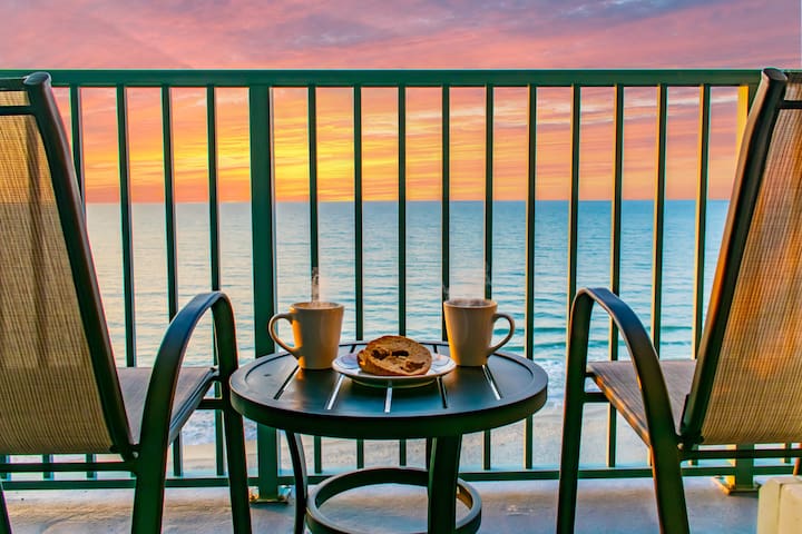 Enjoy breakfast with the gorgeous sunrise over the ocean from the balcony on our 9th floor oceanfront condo!