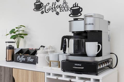 Coffee bar with Keurig K-cup and Carafe maker. Coffee Grinder, Milk Frother, Ground and Bean coffee.