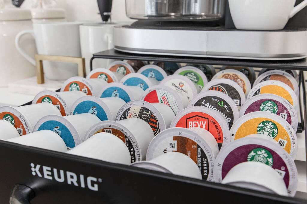 Stocked with variety of K-cups from Starbucks, Caribou and other brands.