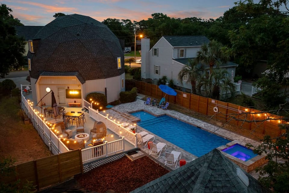 Huge backyard with outdoor deck dining, bbq, fire pit, seating, pool deck chairs