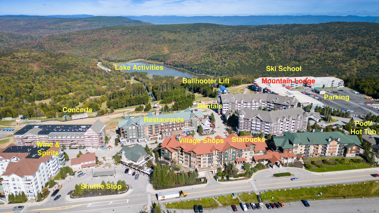 Aerial view shows how close Mountain Lodge is to the village and slopes