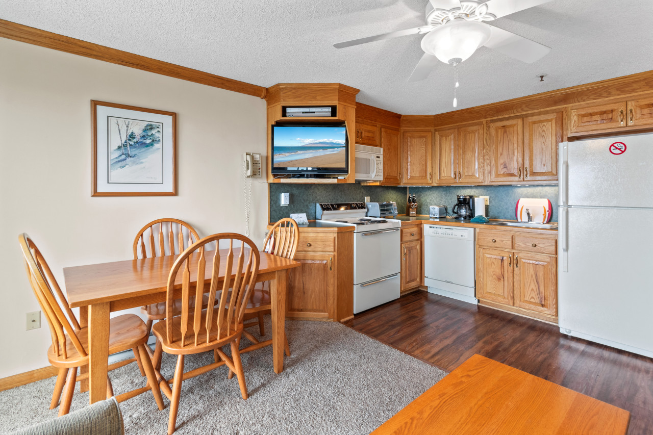 Remodeled kitchen is fully-equipped with pots, pans & utensils