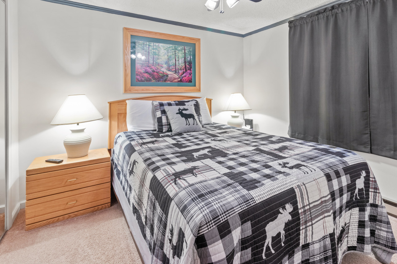 Queen-sized bed in bedroom; Flat Screen TV