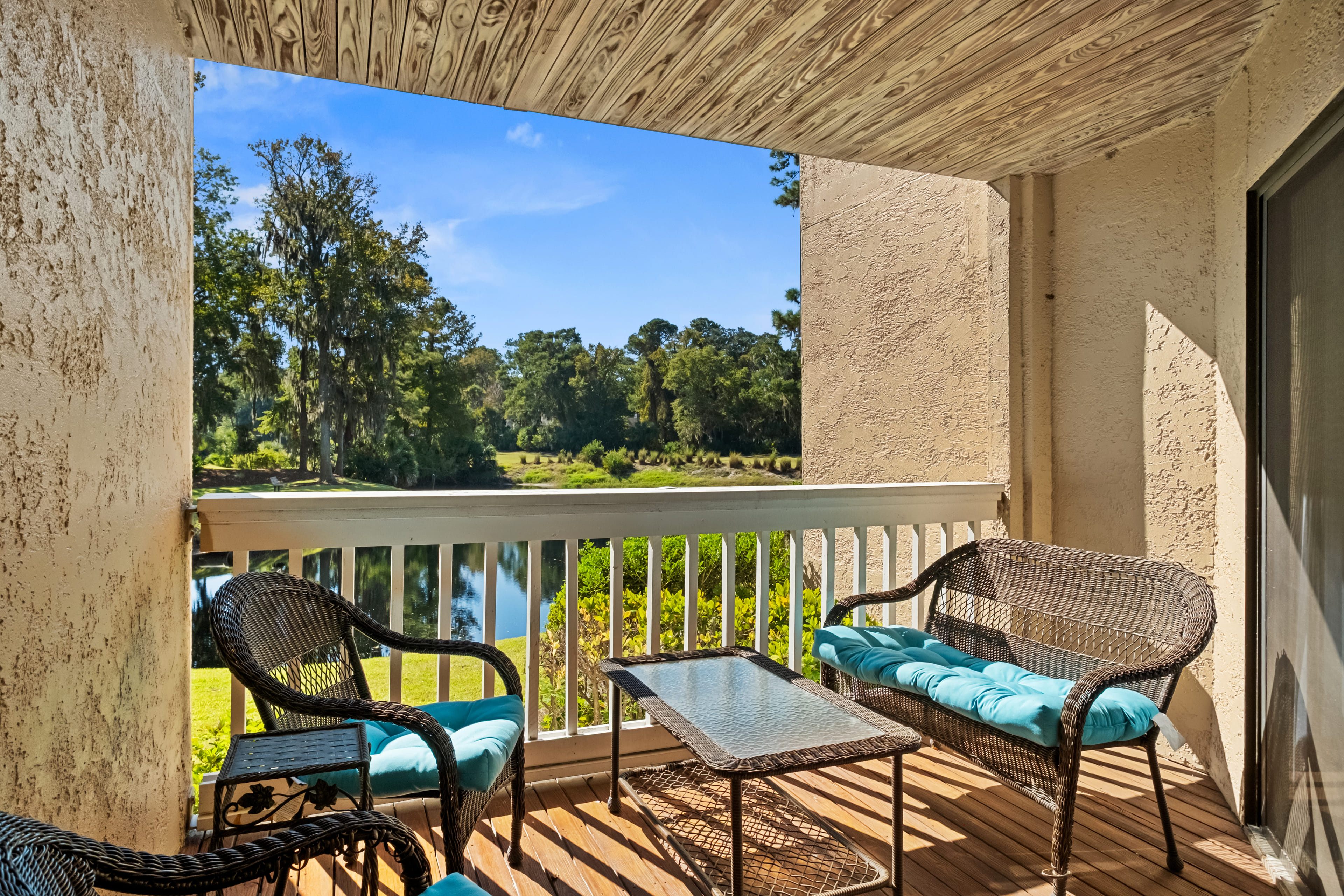 Enjoy a coffee in the morning or sunshine all day from our covered deck, facing the lagoon and golf course, while enjoying the wildlife that call Shipyard & Colonnade Home!