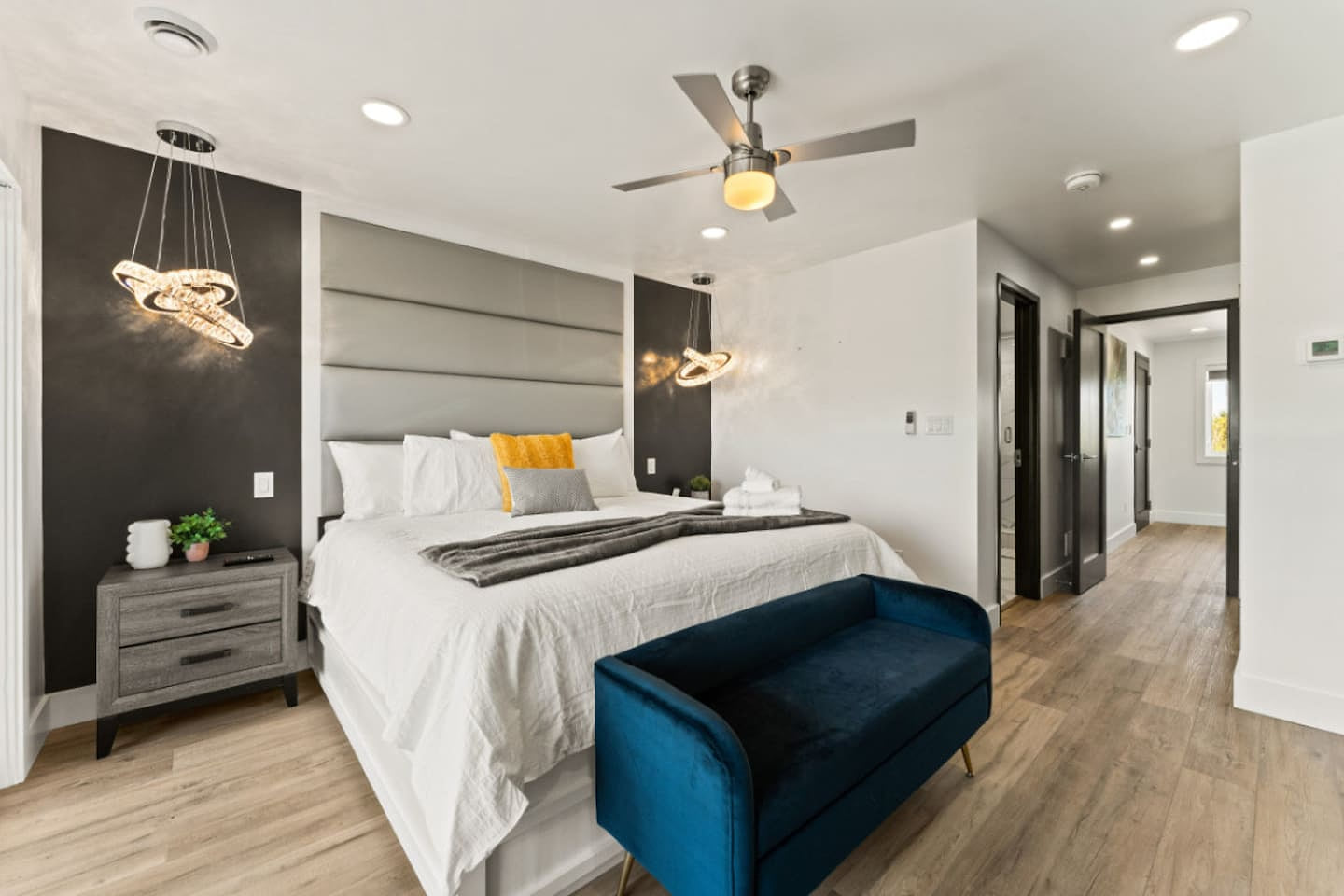 Crisp white walls create a serene retreat.