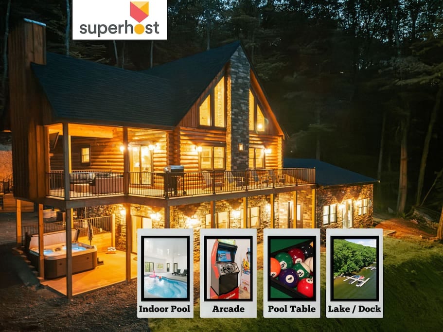 Experience the enchanting charm of the log cabin, illuminating brightly under the night sky. The warm glow of The Big Dipper invites you to unwind and soak in the wooded and peaceful surroundings. Perfect for cozy summer and winter memories!